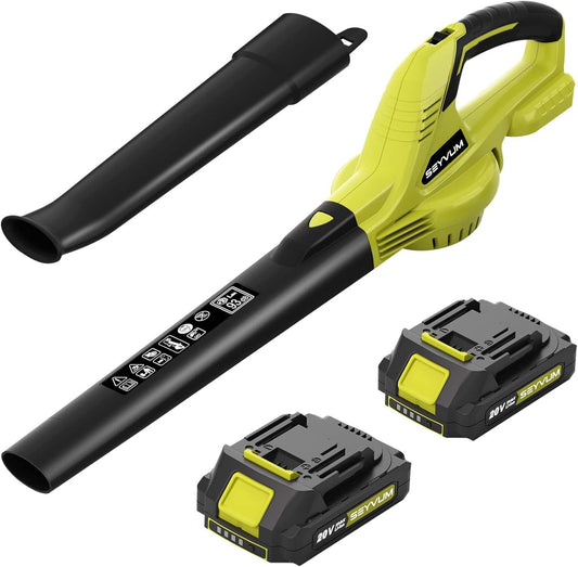 SEYVUM Leaf Blower, 20V Cordless Blower with 2 x 2.0Ah Battery, Electric Leaf Blowers for Lawn Care, 320 CFM 150 MPH Battery Powered Leaf Blower, for Patio, Garden Cleaning, Fast Charger