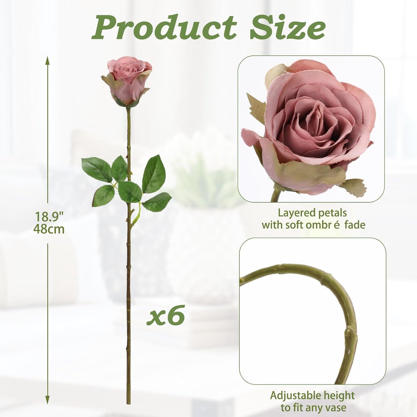 Briful Dusty Roses Pink Artificial Flowers– 6PCS 18.9" Faux Rose Silk Flowers with Long Stems Realistic Fake Rose Bouquet for DIY Wedding Arrangements Table Vase Centerpieces Home Event Decor