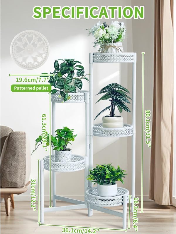 Metal Plant Stand Indoor Outdoor, 5 Tier Tall Flower Pot Holder Potted Display Rack Shelf, Heavy Duty Corner Plant Shelf for Patio Garden Balcony Living Room Bedroom - WhiteWave