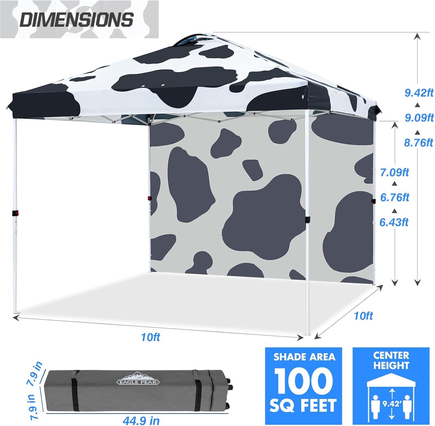 EAGLE PEAK Pop Up Canopy Tent with 1 Sidewall, Easy Setup Event Tent, Outdoor Sun Shade, Wheeled Carry Bag, Stakes and Guy Ropes, Instant Canopy 10x10, Cow Print