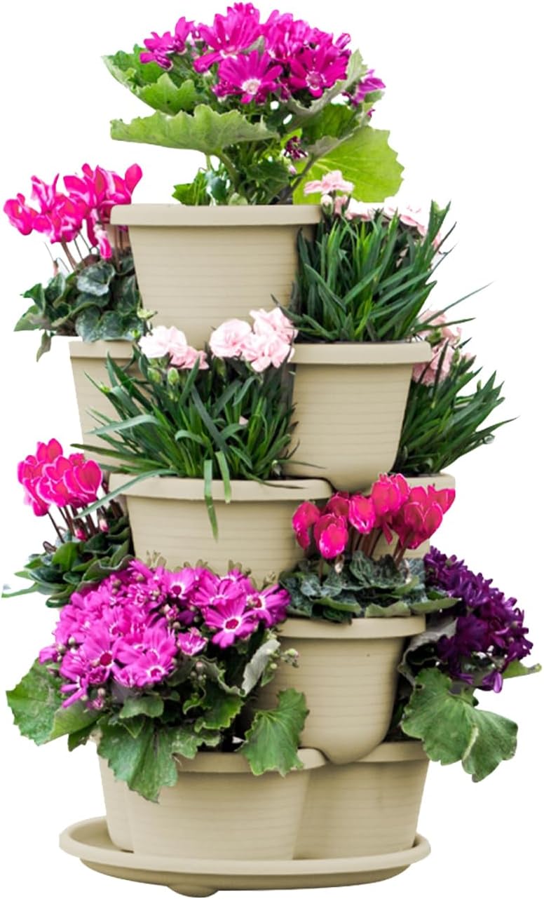 5 Tier Vertical Planters Stackable Gardening Planter for Strawberries, Flowers, Herb and Vegetables, White