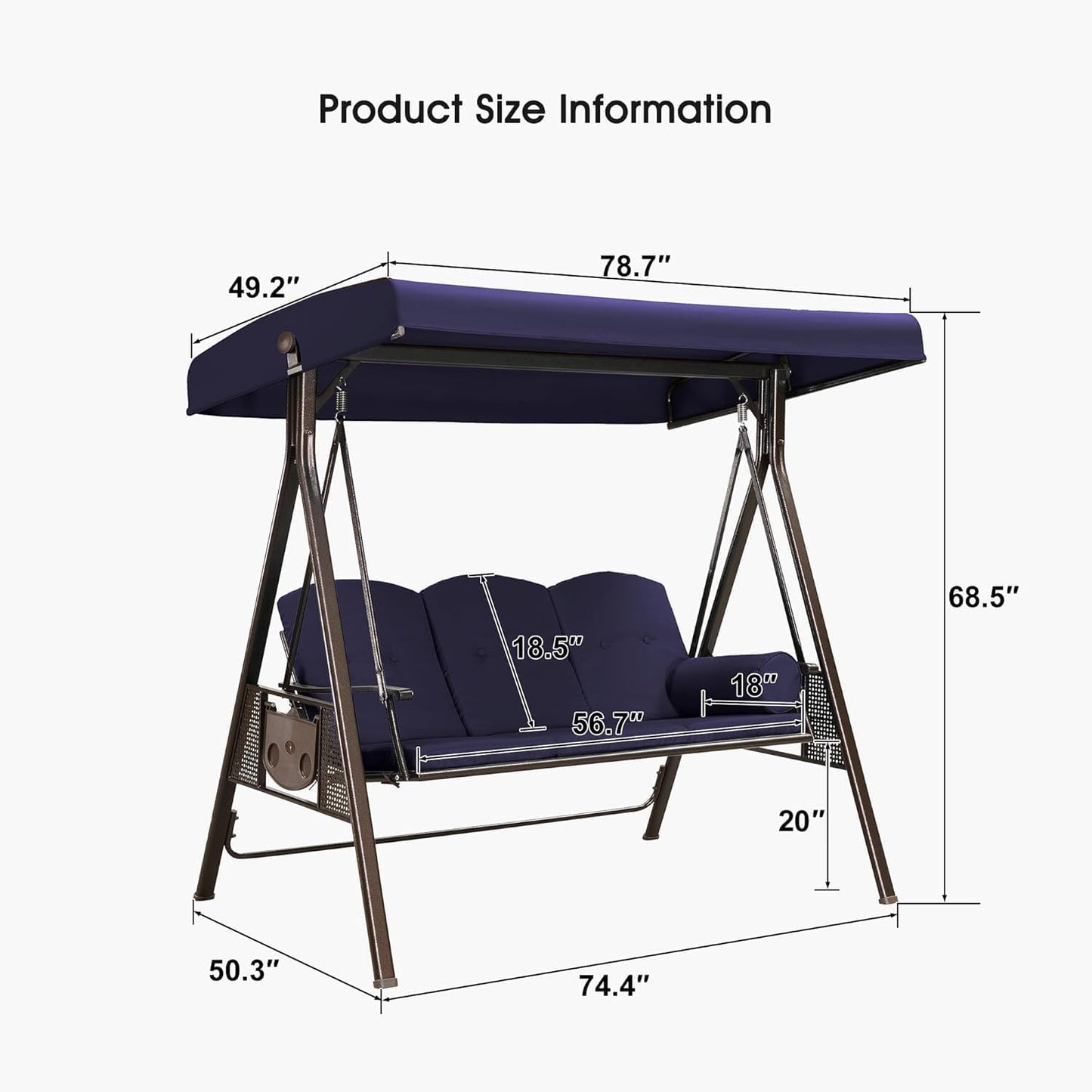 PURPLE LEAF 3-Seat Deluxe Outdoor Patio Porch Swing with Weather Resistant Steel Frame, Adjustable Tilt Canopy, Cushions and Pillow Included, Navy Blue