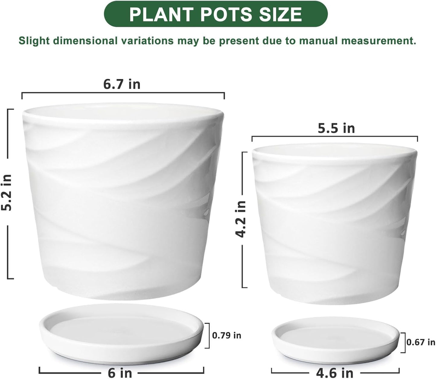 6.7 + 5.5 Inch Plant Pot, Ceramic Planter with Drainage and Saucer，Ceramic Pots for Plants, Indoor Plant pots，Succulent Orchid Flower Pot(Pure White)