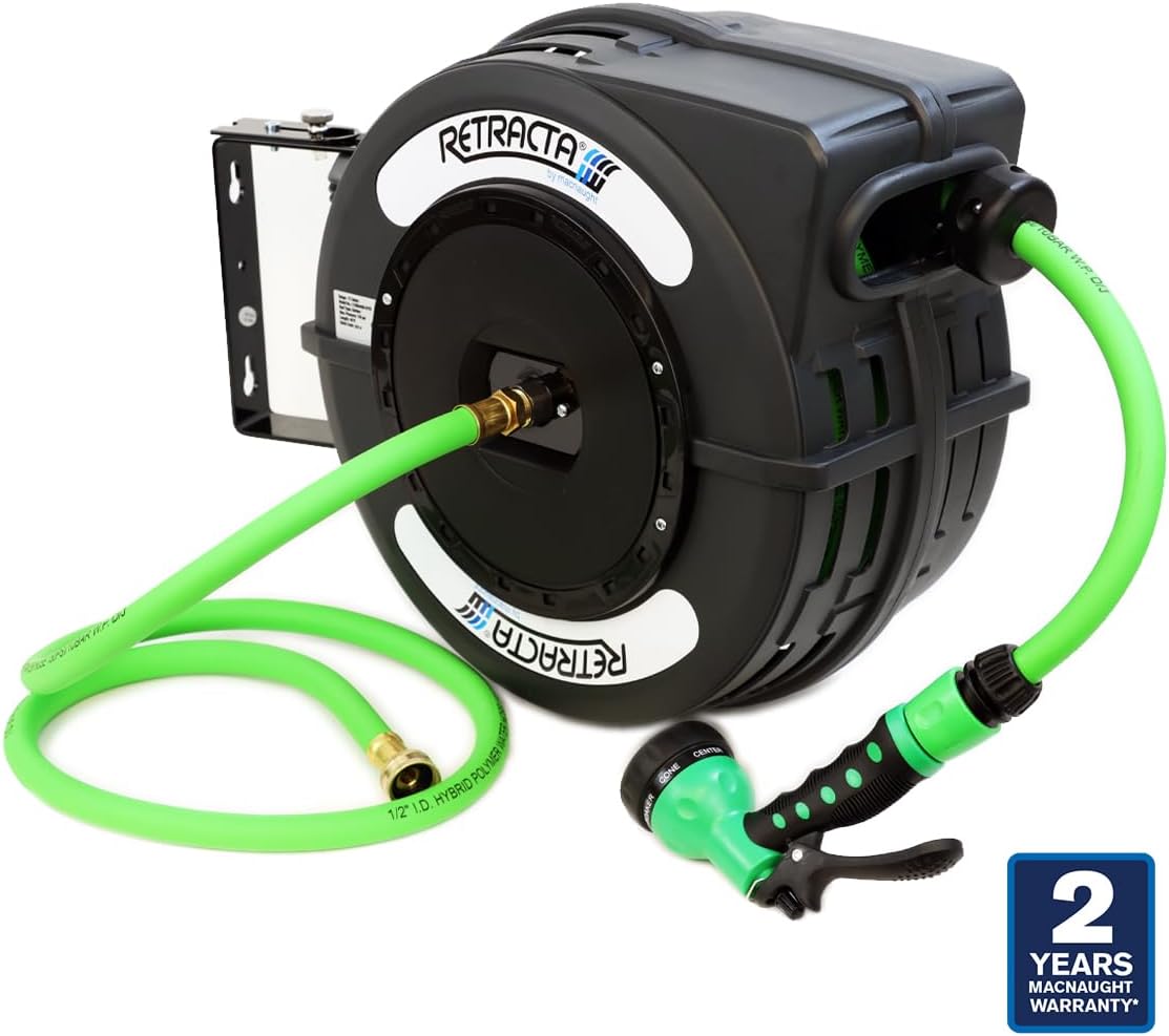 Macnaught C1 Series Retractable Garden Hose Reel, 40 Ft Water Hose Reel Heavy Duty Retractable Hose with Metal 180° Swivel Rotation Bracket for Wall Mount - Gray