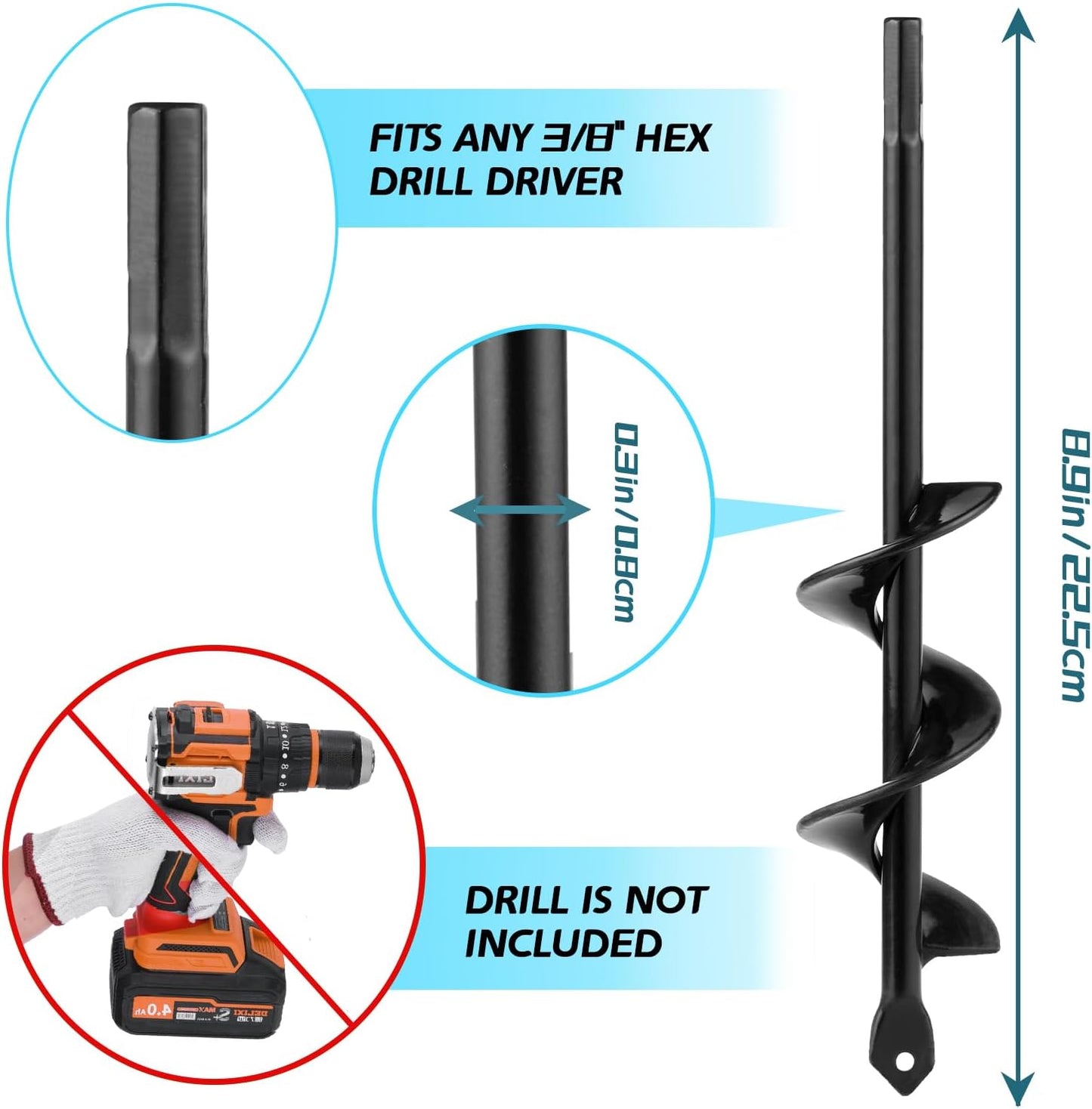ERYTLLY Auger Drill Bit for Planting 1.6x9inch,Garden Auger Spiral Bulb Planter Tool for Umbrella Holes Post Hole Digger - Compatible with 3/8 inch Hex-Shank Drill