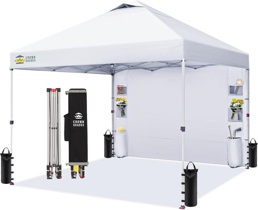 CROWN SHADES Canopy Tent 10x10 Pop Up Canopy Outdoor Shade with Pockets Sidewall, Easy Up Sun Shelter with One Person Set Up Center Lock, Portable Instant Camping Beach Canopy Tents, White
