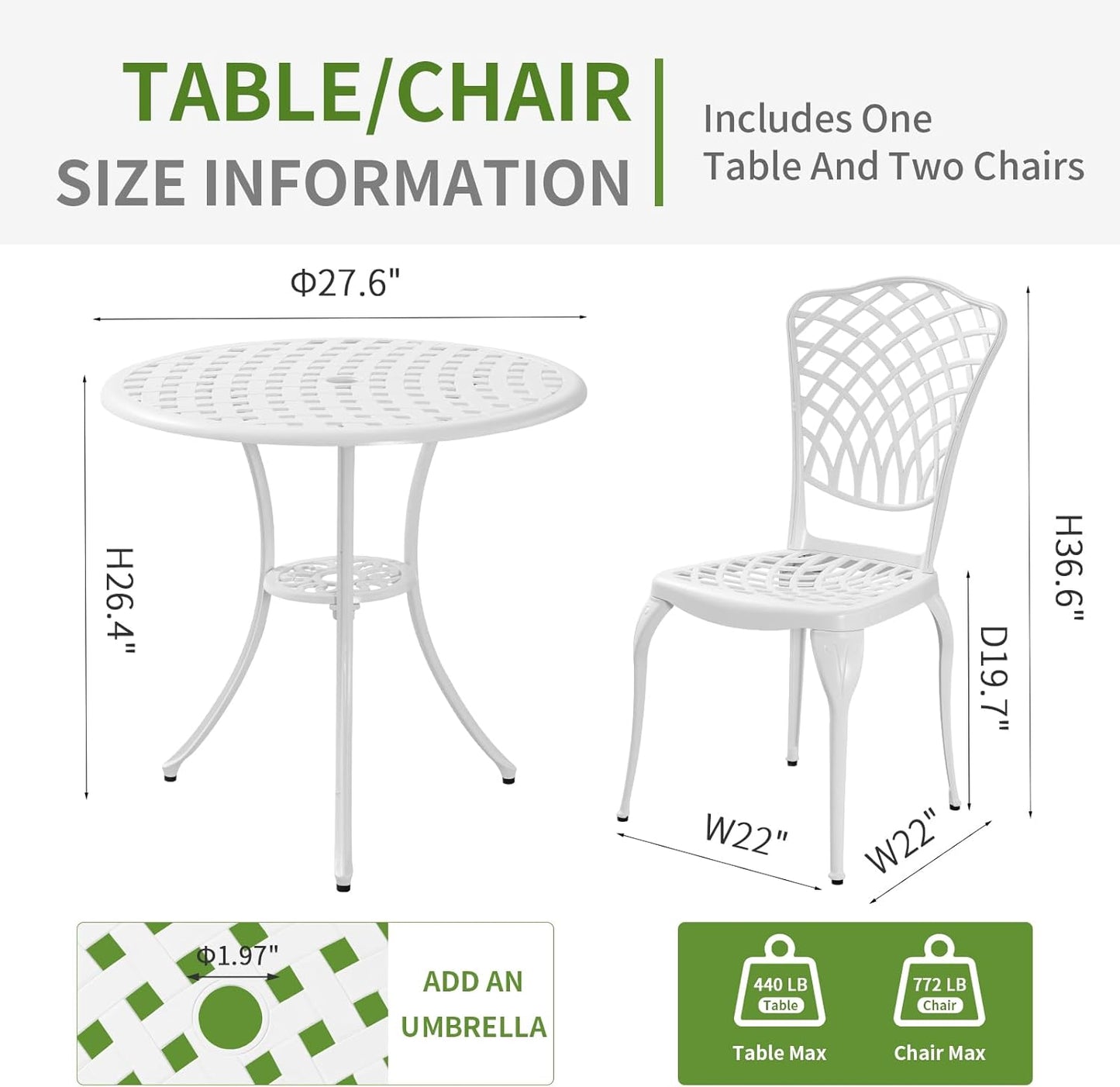 Bistro Set 3 Piece Outdoor Patio Bistro Set with Umbrella Hole, Rust Resistant White Bistro Table and Chairs Set of 2 Cast Aluminum Furniture for Porch Garden White