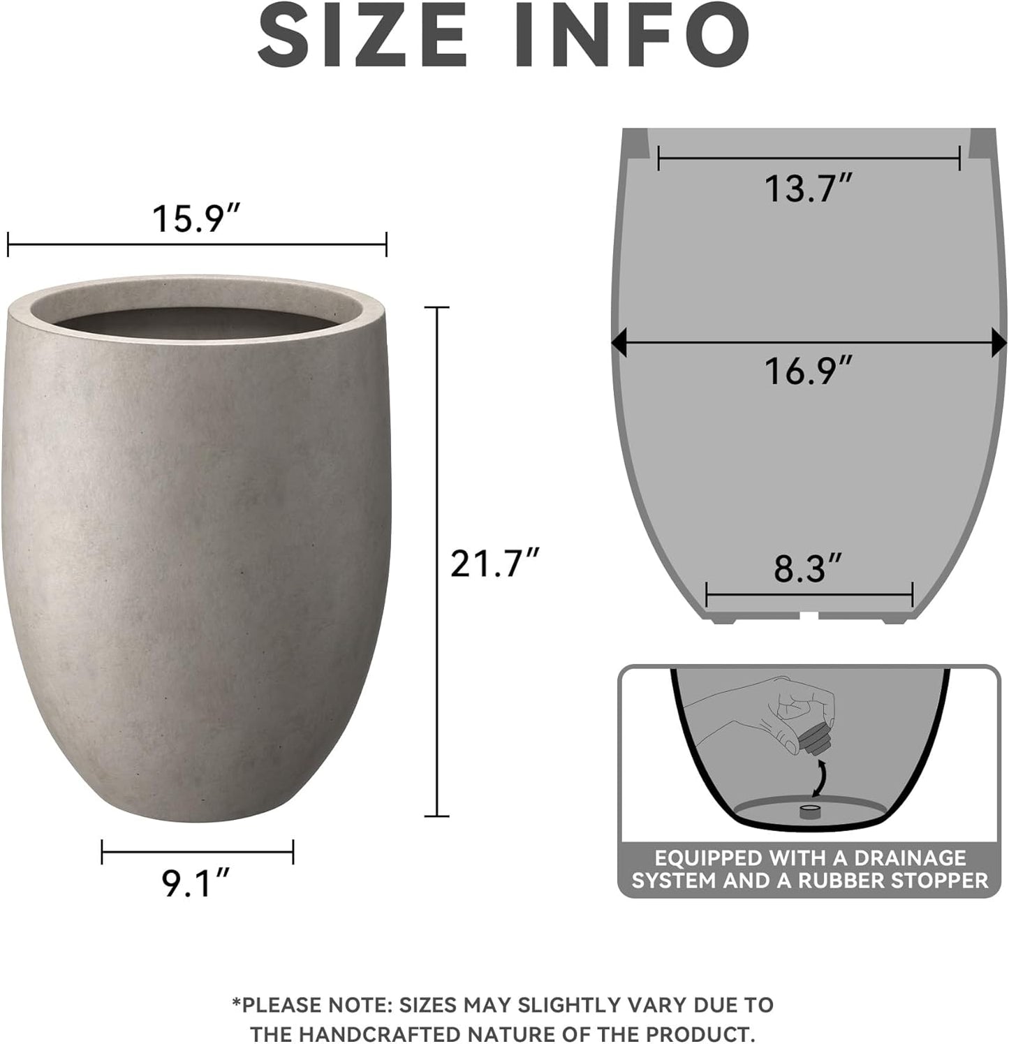Kante 21.7" H Buff Concrete Tall Planter, Large Outdoor Indoor Decorative Pot with Drainage Hole and Rubber Plug, Modern Round Style for Home and Garden