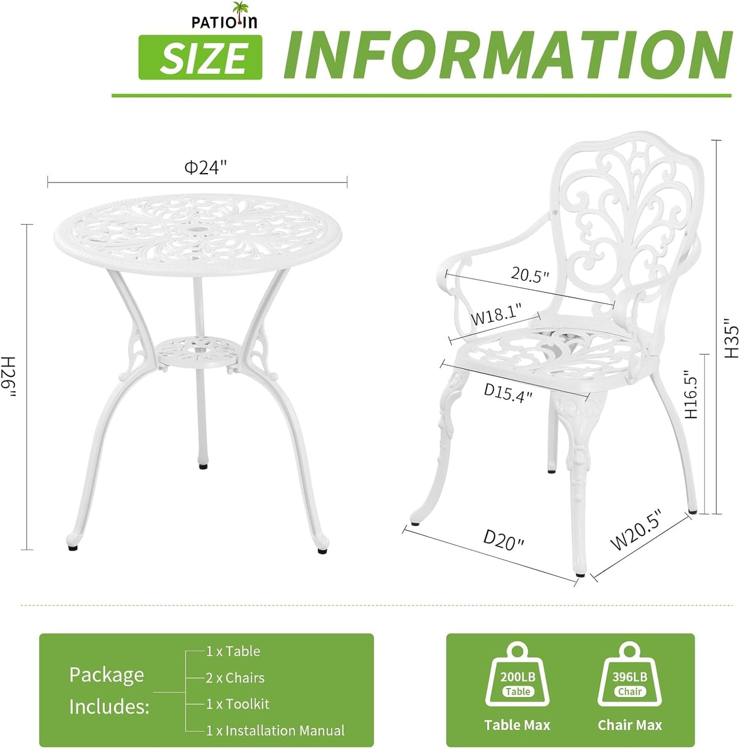 3 Piece Patio Bistro Set,Cast Aluminum Bistro Table Set Outdoor Round Dining Table with Umbrella Hole for Porch, Lawn, Garden, Backyard, Pool (White)