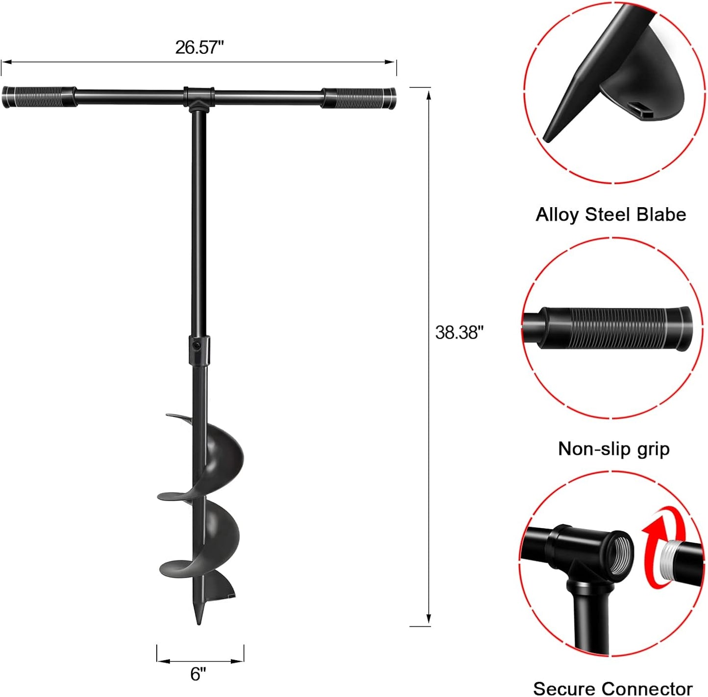 LONGRUN Manual Garden Hole Digging Drill Bit, Hand Drill Auger Post Hole Digger for Planting, Spiral Drill Planter for Bulb, Flower, Tree, Seedlings, Bedding Plants, Umbrella, Fence Holes-6"x 38"