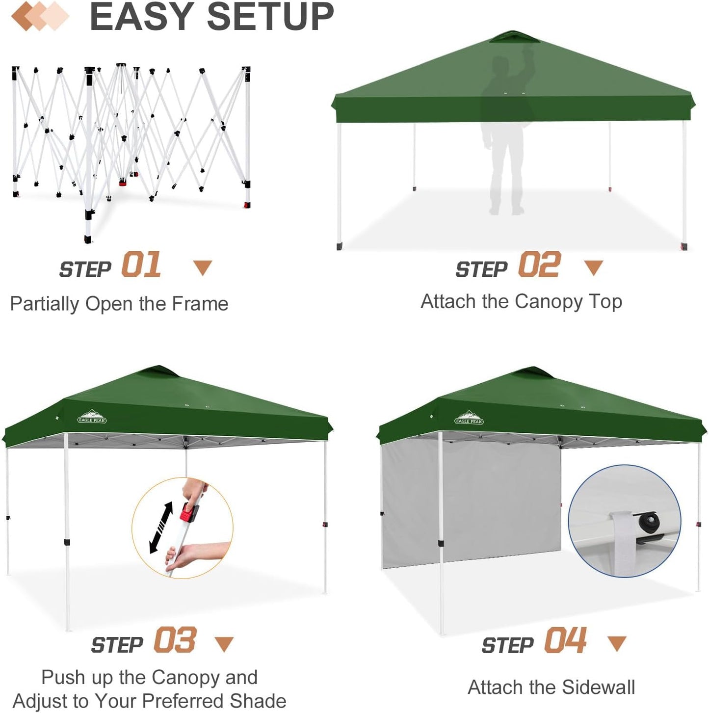 EAGLE PEAK Pop Up Canopy Tent with 1 Sidewall, Easy Setup Event Tent, Outdoor Sun Shade, Wheeled Carry Bag, Stakes and Guy Ropes, Instant Canopy 12x12, Green