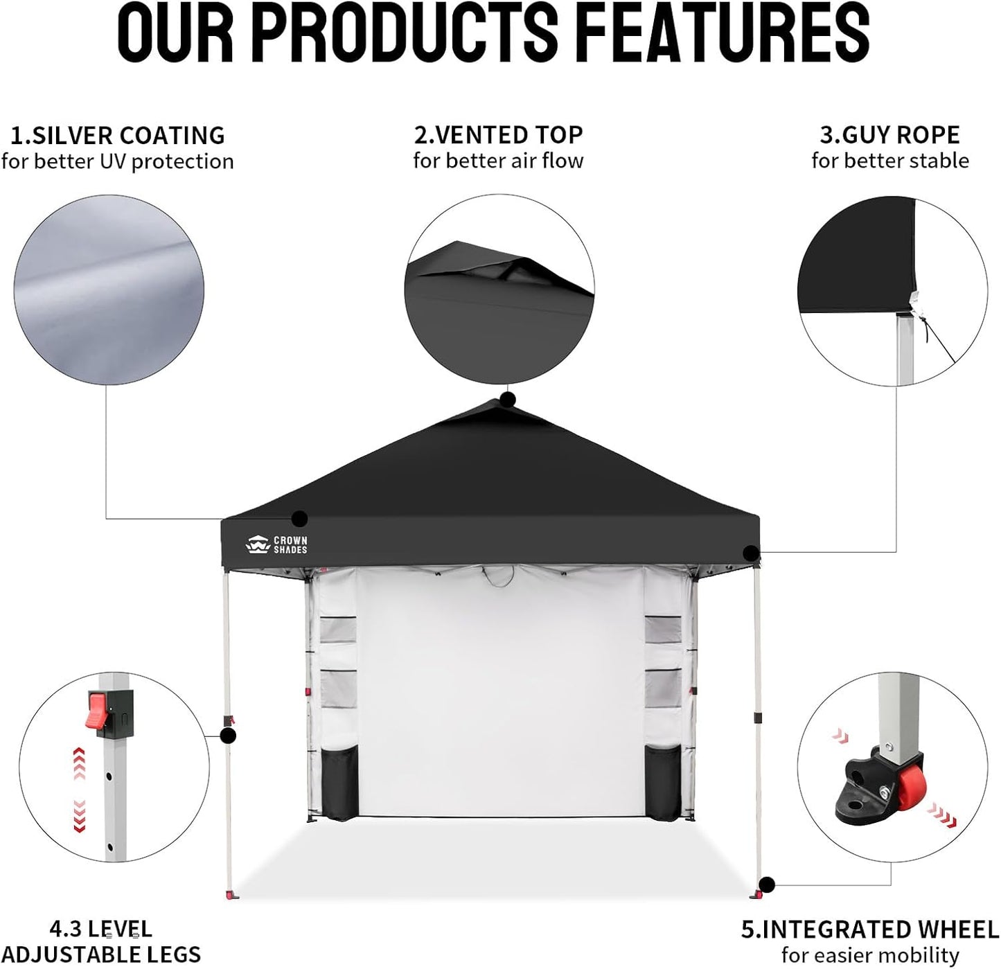 CROWN SHADES Canopy Tent, 10 x 10 Foot Portable Pop Up Outdoor Shelter with Pocket Sidewall, Push Center Lock, UV Protection, and Carry Bag, Black