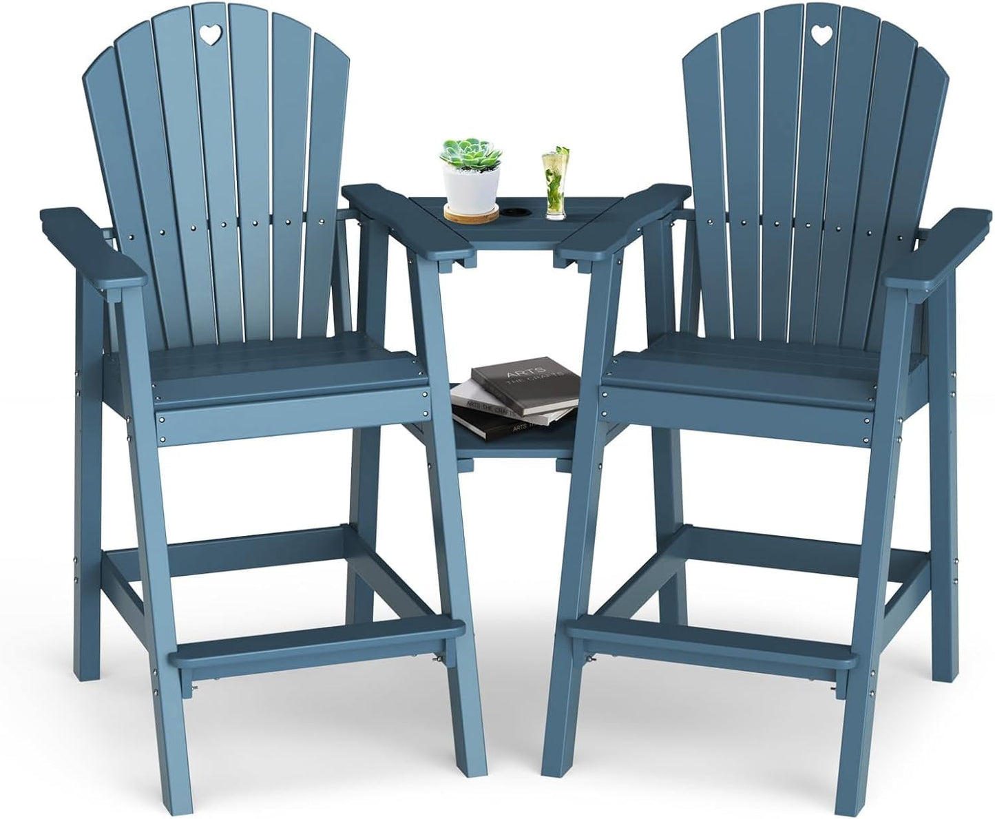 Tall Adirondack Chairs Set of 2-Durable HDPE Outdoor Bar Stools with Double Connecting Tray, Weatherproof Patio Furniture for Poolside, Backyard, Deck & Lawn Relaxation (Navy Blue)