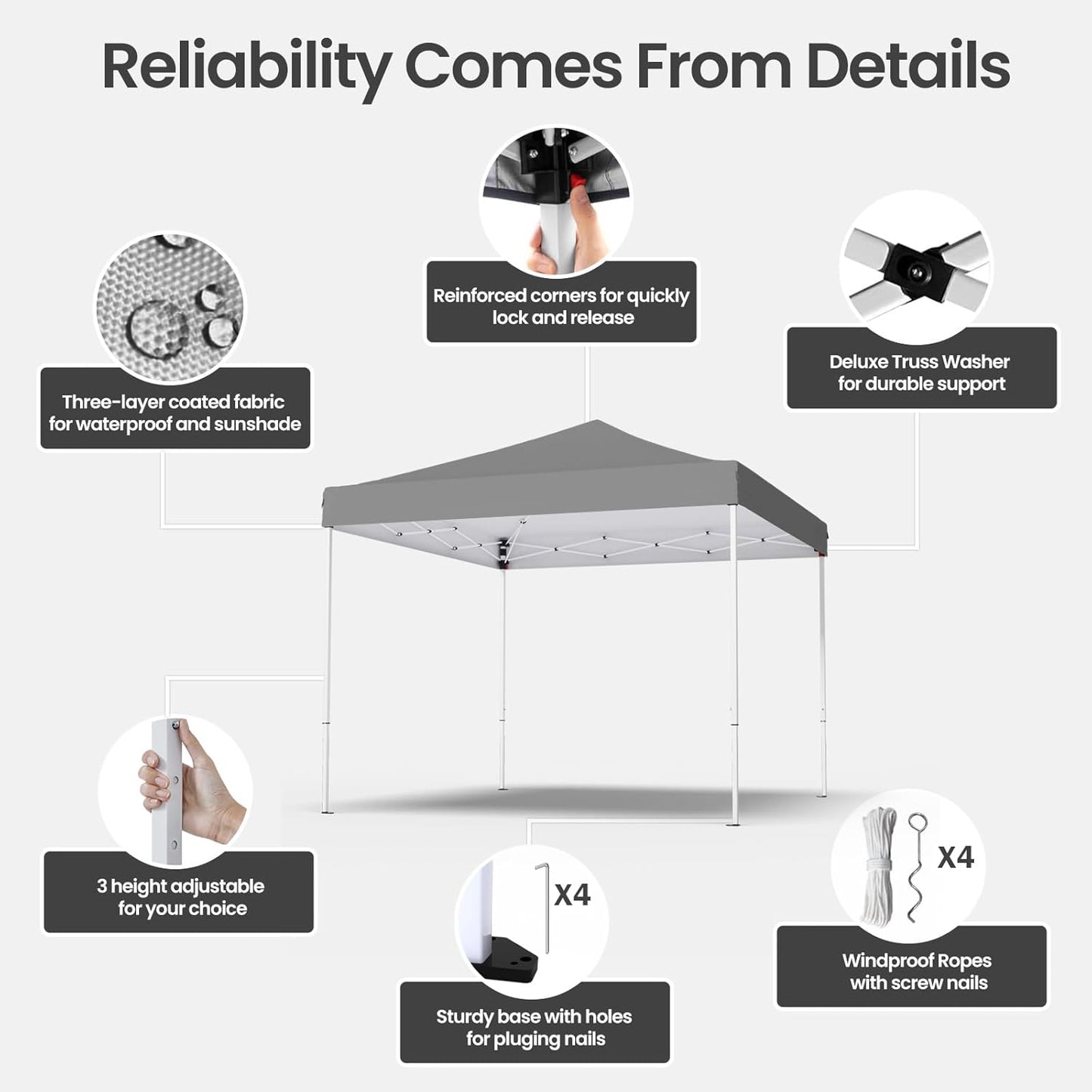 10x10ft Pop Up Canopy Tent,Heavy Duty Waterproof Folding Tent for Camping Parties Events Parties,Outdoor Canopy,Portable Sun Shelter,3 Adjustable Height(Grey)