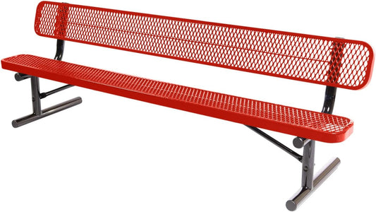 Coated Outdoor Furniture Heavy-Duty Portable Outdoor Bench Thermoplastic Coated, Expanded Metal, Commercial-Grade Seating, Made in America (Portable with Back, 8 Ft, Red)