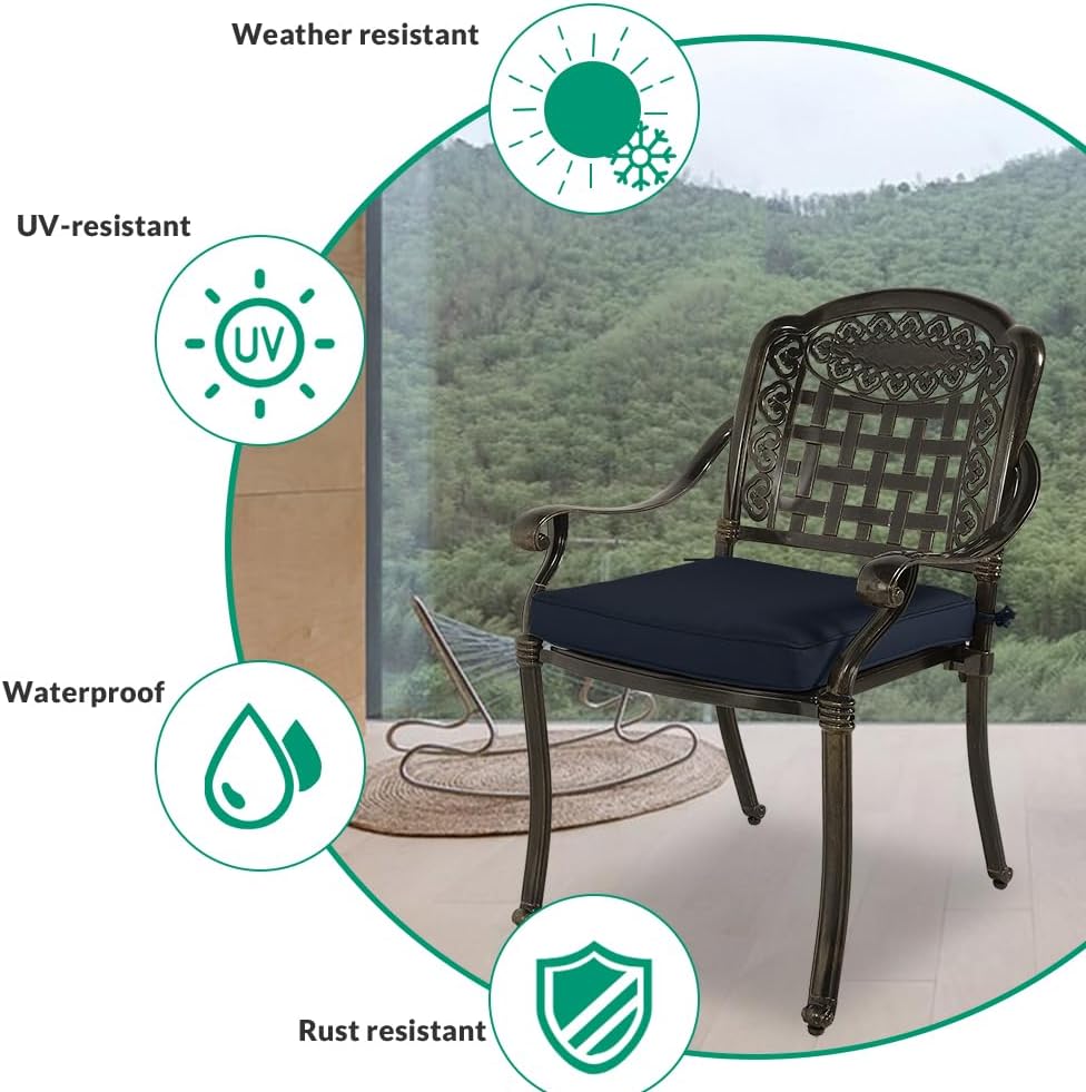 VIVIJASON 3-Piece Outdoor Patio Bistro Set, All-Weather Cast Aluminum Furniture Dining Sets Include 2 Cushioned Chairs and 31" Round Table w/Umbrella Hole for Balcony, Backyard, Navy Blue Cushion