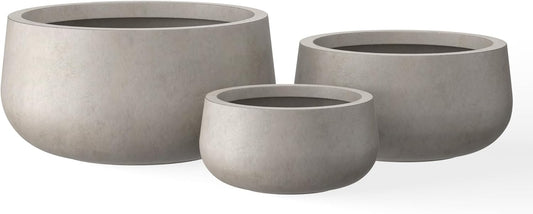 Kante 19.6",15.7",11.8" Dia Round Concrete Planters Set of 3, Outdoor Indoor Large Plant Pots with Drainage Hole, Modern Curvaceous Design, Weathered Concrete