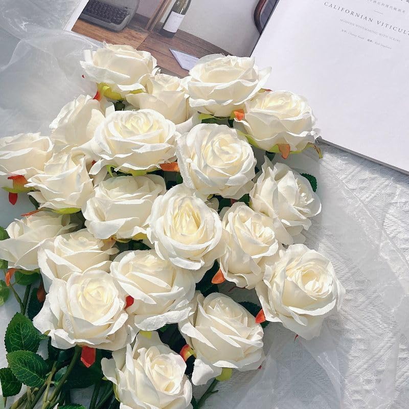 Fake Roses Not Bend The Peduncle Artificial Flowers Fake Flowers with Stems for DIY Wedding Bouquets Bridal Shower Centerpieces Arrangements Tables Decorations (24pcs,Pearl White)