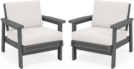 SERWALL HDPE Outdoor Couch Set of 2, All-Weather Wood-Like Outdoor Patio Furniture Set, Patio Sofa Chairs with Khaki Cushions