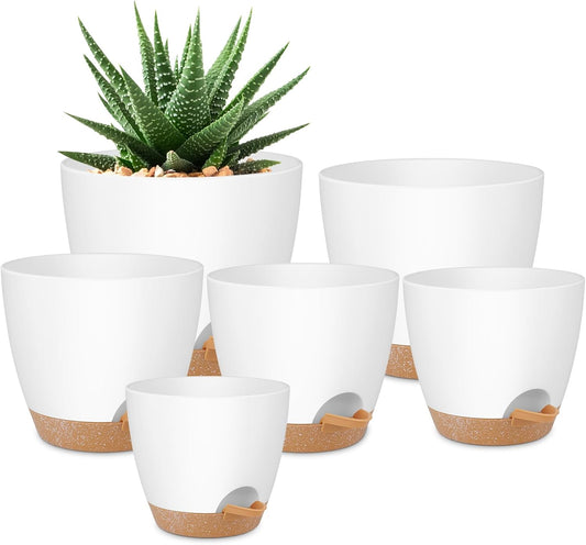 Plant Pots 8/7/6.5/6/5.5/5 Inch Self Watering Pots, Set of 6 Plastic Planters with Drainage Holes and Saucers,Plastic Flower Pots,Nursery Planting Pot for Indoor Out Door Plants（White）