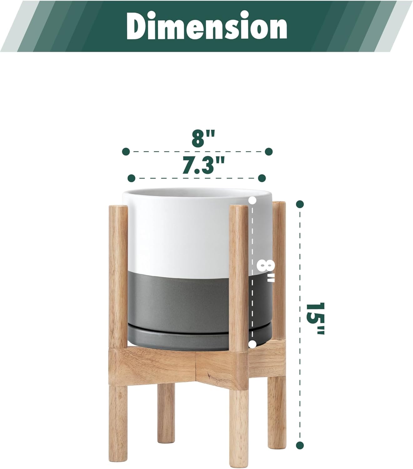 D'vine Dev Ceramic Planter with Natural Stand - 8 Inch Modern Round Flower Pot with Wood Planter Holder, White/Grey, 55-B-N-6