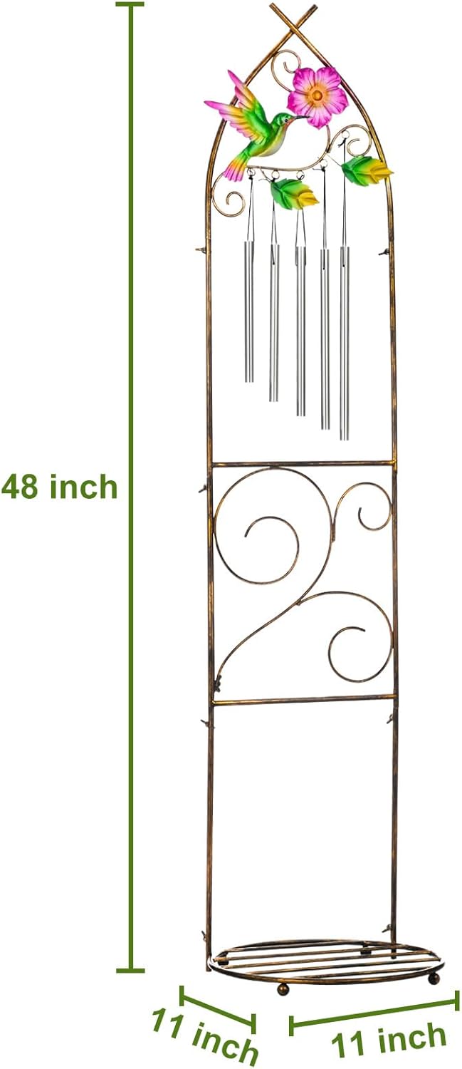 Plant Stands with Garden Trellis, 48” Metal Standing Wind Chimes Plant Pot Trellis with Hummingbird for Garden Patio Backyard Climbing Plants Outdoor Decor