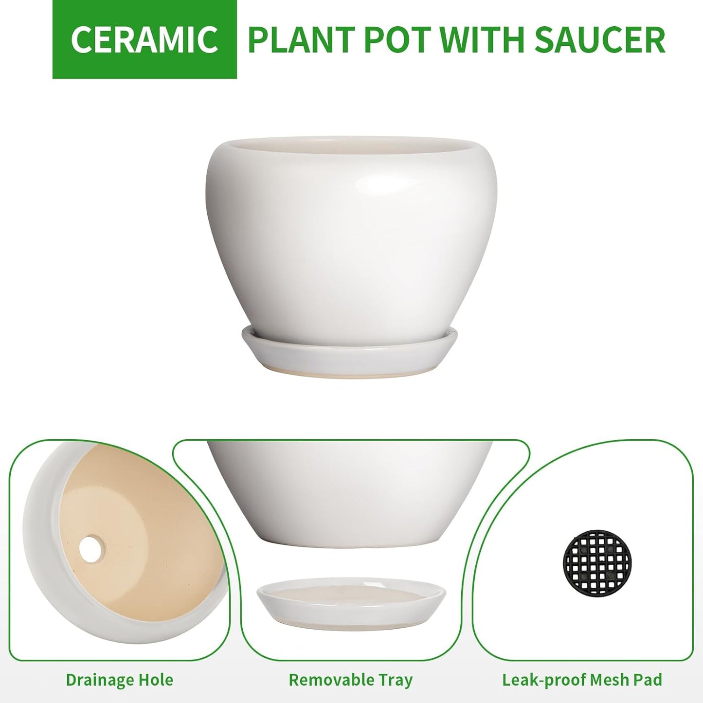 Deep Dream 8 Inch Plant Pot - Ceramic Planter with Drainage Hole and Trays, Modern Round Flower Pot, Planters for Indoor Outdoor Plants, Home Garden Decor, White