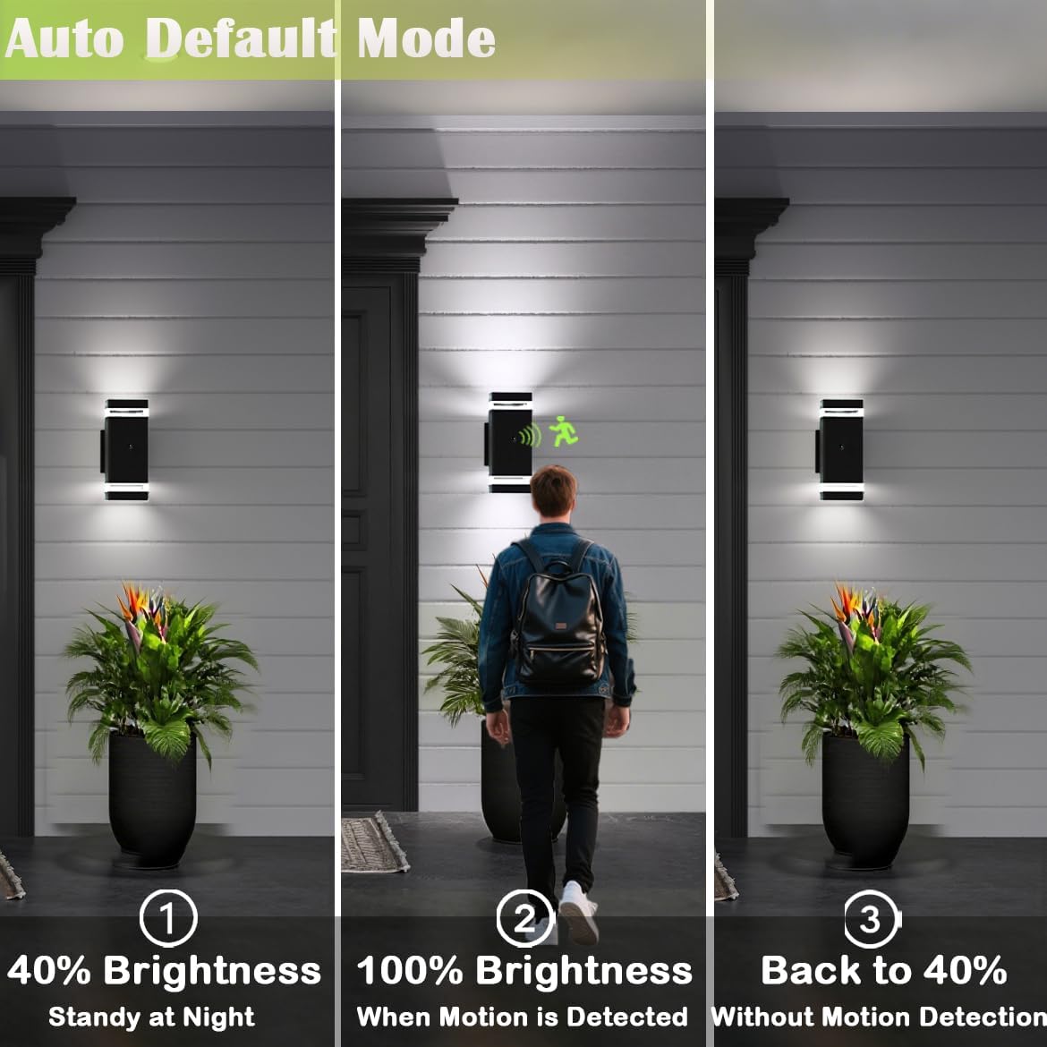 Motion Sensor Outdoor Wall Lights, Dusk to Dawn Exterior Light Fixtures with 3 Modes, Modern Up Down Wall Sconce, Waterproof Aluminum Porch Light for Garage, Patio, Front Door – Matte Black