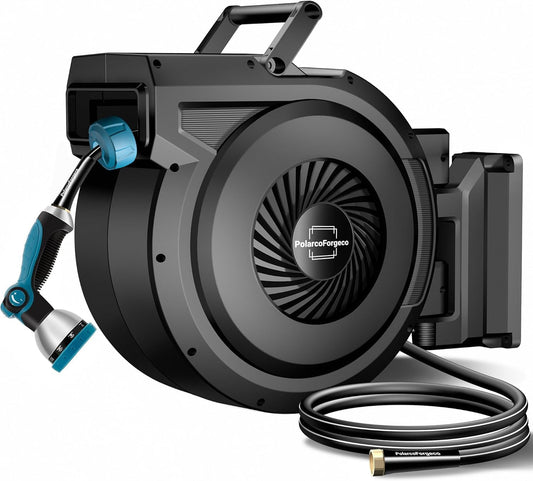 Retractable Garden Hose Reel - 5/8 inch x 60 ft Wall Mounted Hose Reel with 10 Pattern Nozzle & Any Length Lock, Heavy Duty Water Hose Supports Automatic Rewind & 180° Swivel, Black