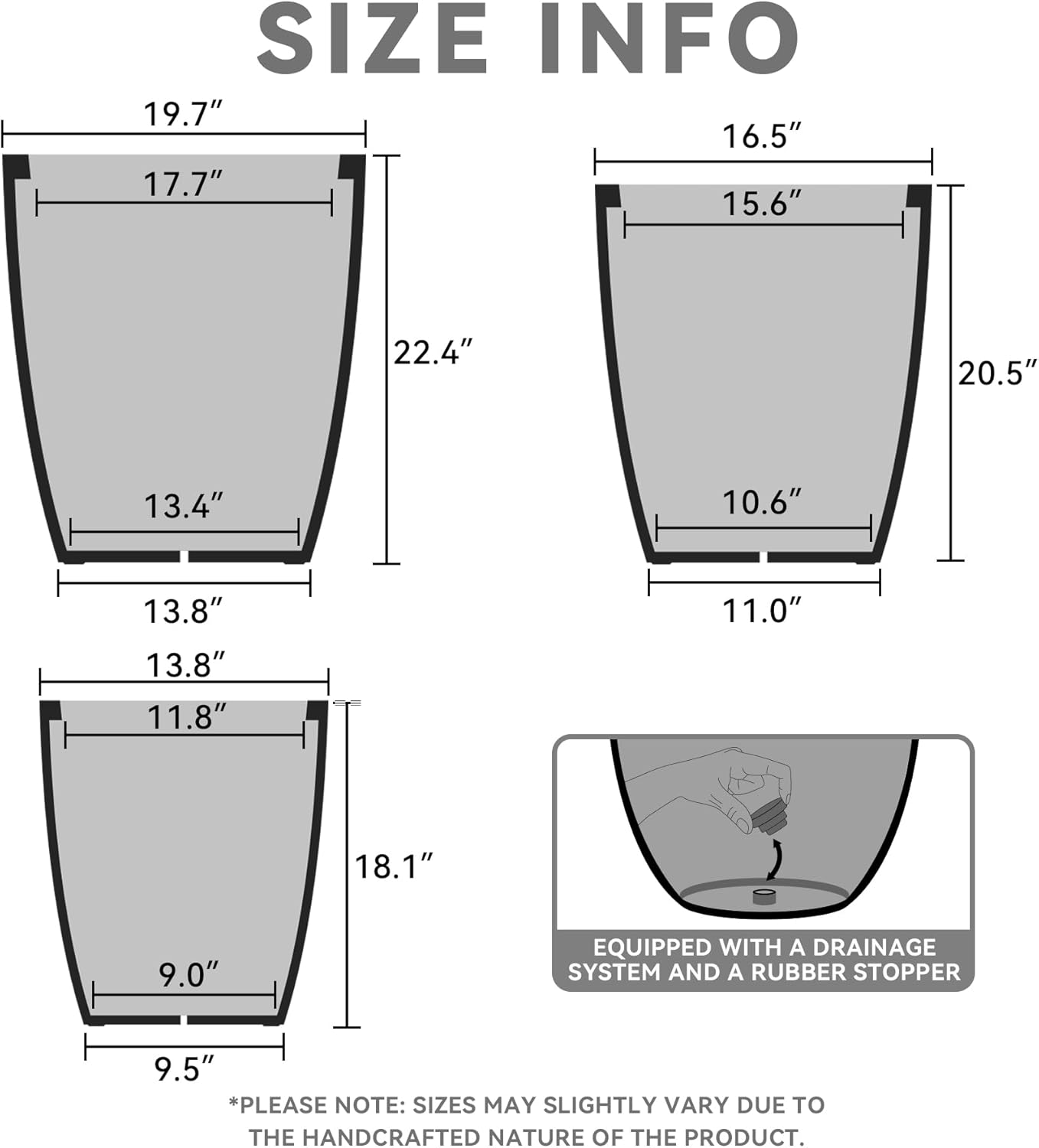 Kante 18.1",20.5",22.4" H Tall Round Concrete Planters Set of 3, Outdoor Indoor Modern Decorative Plant Pots with Drainage Hole & Rubber Plug for Home & Garden Charcoal