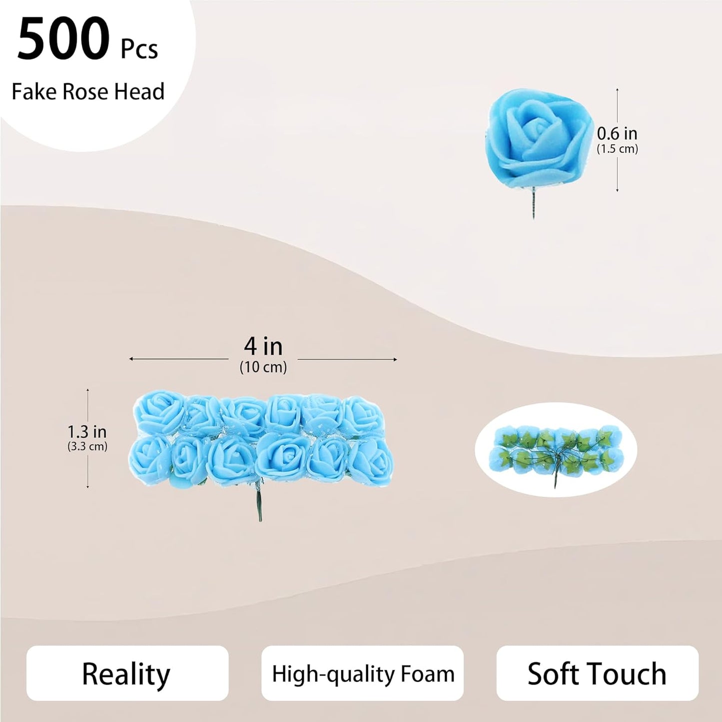 500 Pcs 0.6 Inch Mini Artificial Flowers Head Bulk 5 in 1 Set Faux Foam Fake Small Rose Tiny Baby Flores Bouquet Wreath Gift Hair Clip Home Decoration DIY Craft (Sky Blue)