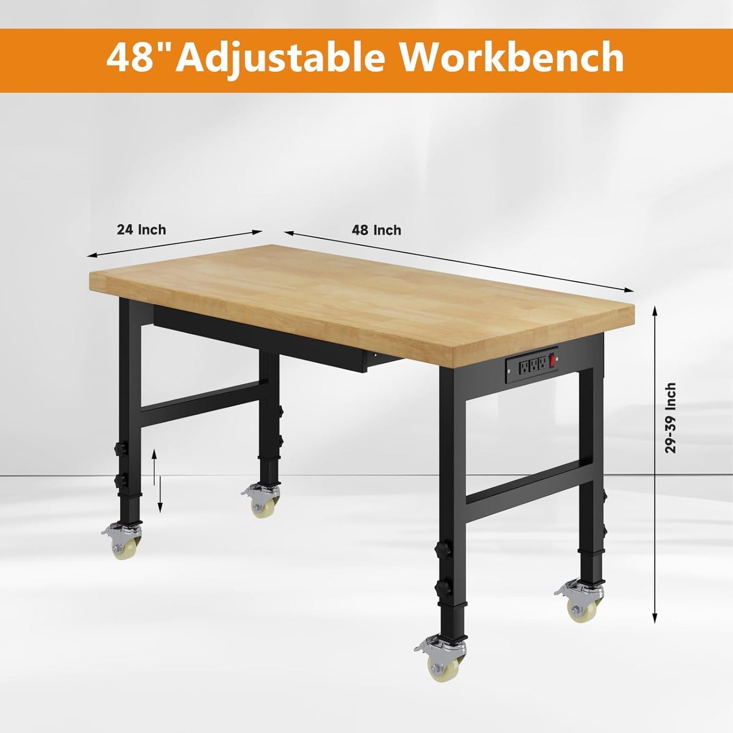 48" Work Bench with Drawers, Adjustable Height Workbench with Wheels, Heavy-Duty Work Table with Power Outlets, 2000 LBS Capacity Workstation for Garage, Workshop, Office, Home