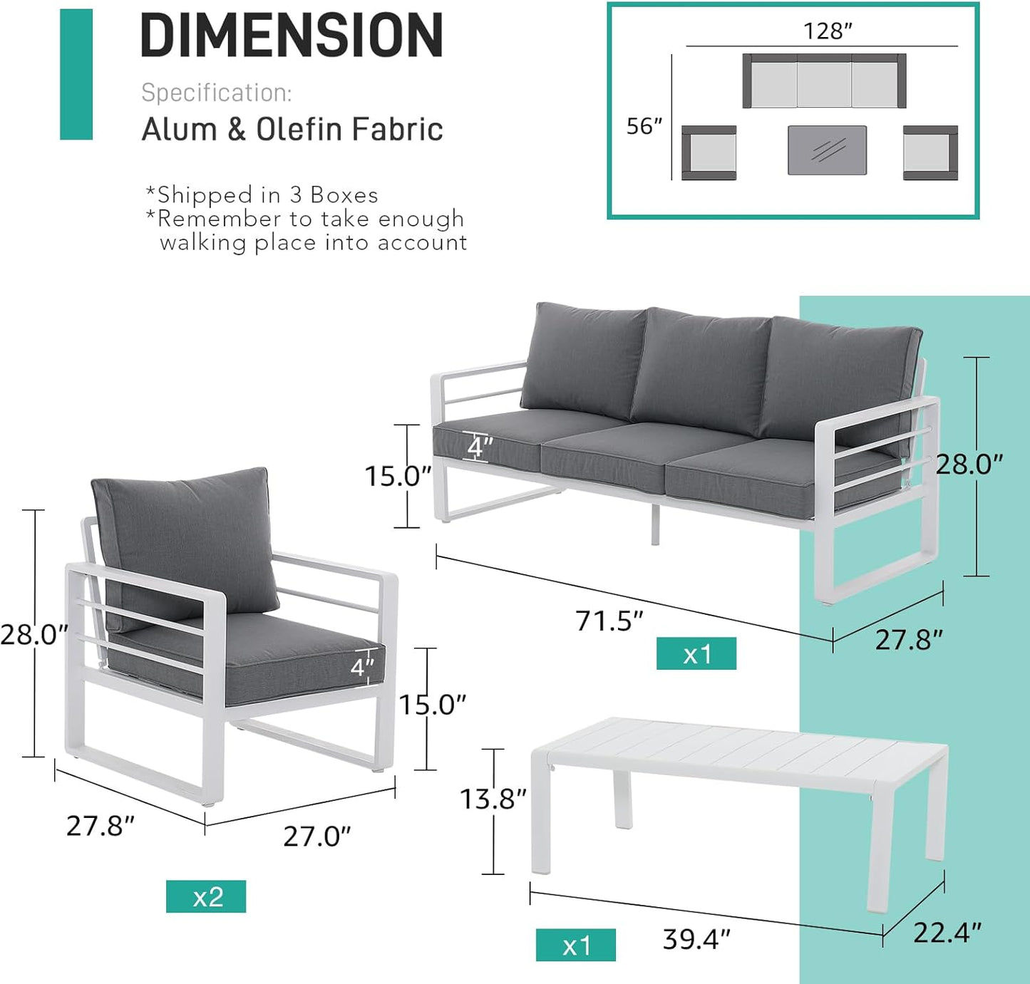 Patiorama Aluminum Patio Furniture Set, 4 PCS Modern Patio Conversation Set, All Weather White Outdoor Sectional Sofa Set w/Coffee Table, 3-Seater Sofa, Superior Olefin Cushion, Garden-Grey Cushion