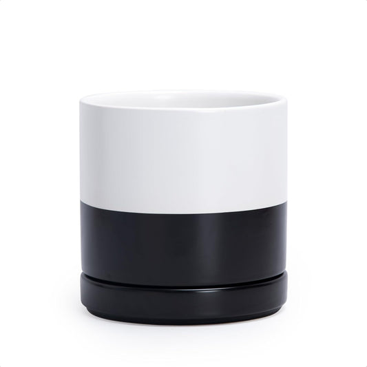 D'vine Dev 6.5 Inch Ceramic Planter Pot with Drainage Hole and Saucer, Indoor Cylinder Round Planter Pot, Layered Monochrome Black & White, 94-O-C-L