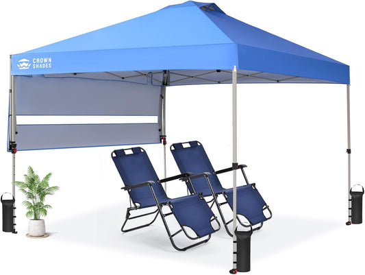 CROWN SHADES 10x10 Pop up Canopy Tent, Instant Commercial Canopy with Extend Awning, Patended Centerlock, 150D Silver Coated Fabric, 4 Ropes, 8 Stakes, 4 Weight Bags, STO 'N Go Bag, Blue