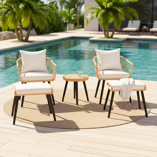 5 Piece Outdoor Bistro Set, Waterproof Patio Furniture Conversation Set, Patio Table and Chairs with Foot Rest, Small Outdoor Wicker Chairs for Porch, Backyard, Deck, Balcony
