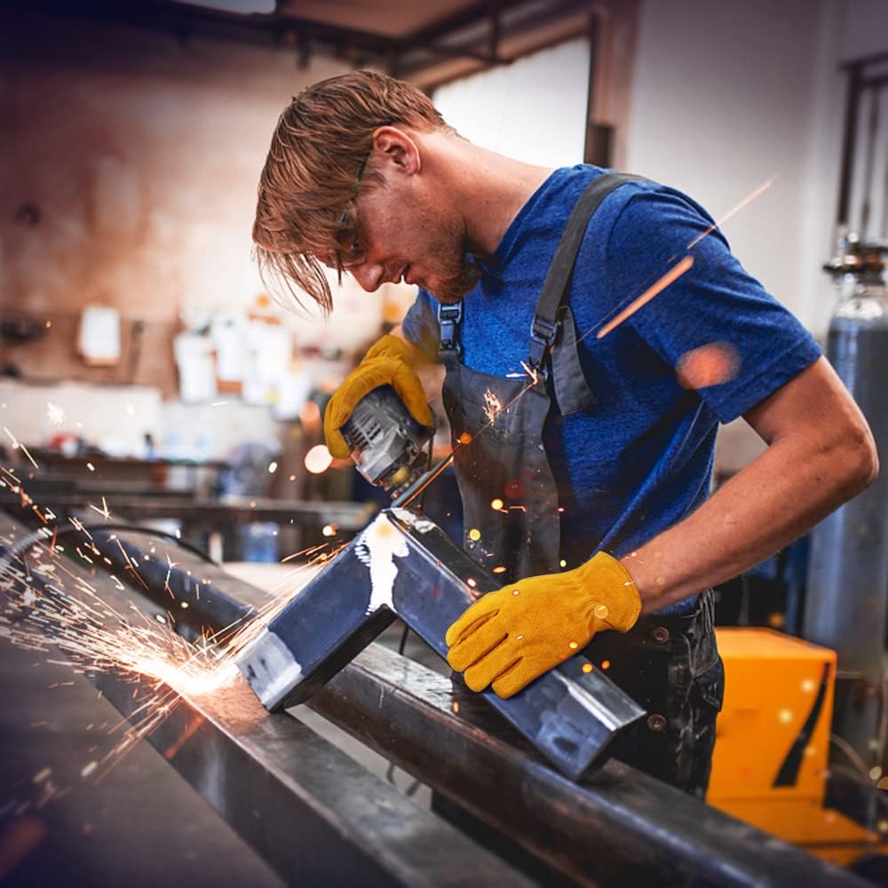 OZERO Leather Work Gloves Flex Grip Tough Cowhide Gardening Glove for Men and Women (Gold With Mesh Lining (1 Pair), X-Large)