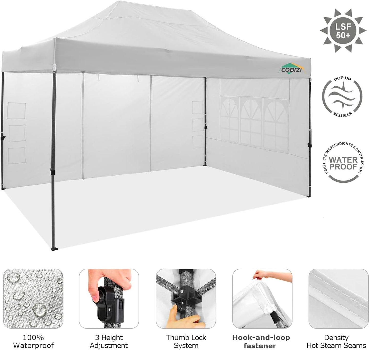 COBIZI 10x15 Pop Up Canopy with 4 Sidewall,Heavy Duty Canopy UPF 50+ All Season Wind Waterproof Commercial Outdoor Wedding Party Tents for Parties Gazebo with Carry Bag(10 x 15 ft White)