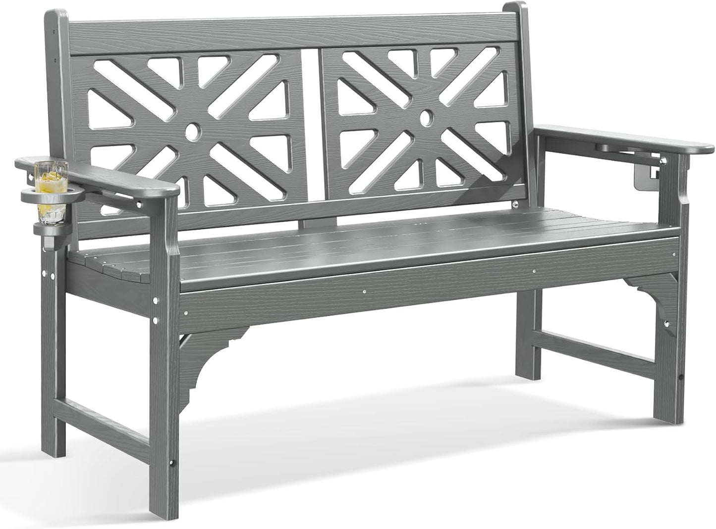 nalone Outdoor Bench with Cup Holders, HDPE All Weather Porch Bench Load up to 800 Lbs, 2-Person Garden Benches Rot-Proof Fade Proof for Patio, Porch, and Park (Grey)