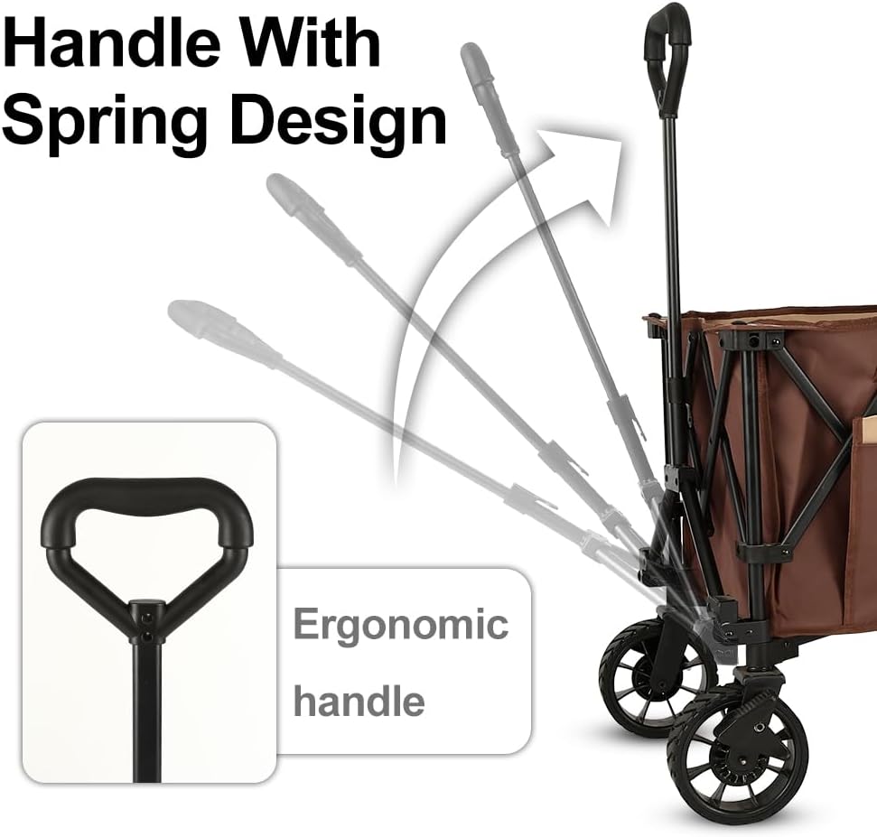 Whitsunday Folding Collapsible Utility Wagon, Heavy Duty Outdoor Park Beach Wagon with Table and Side Pocket for Camping Sports Shopping Brown