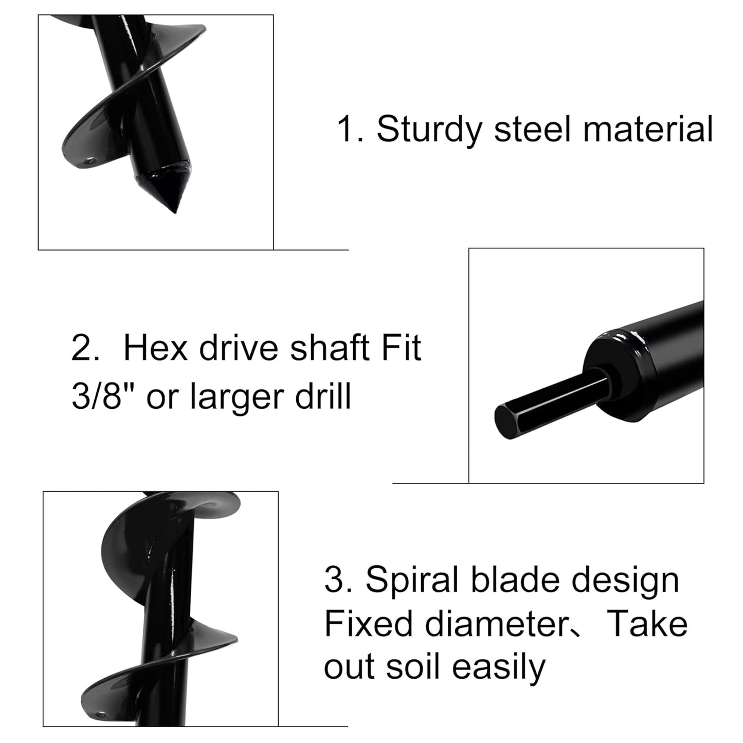 3PCS Auger Drill Bit Set for Planting, Bulb Planting, Garden Auger Spiral Drill Bit for 3/8 inch Hex Drive Drill