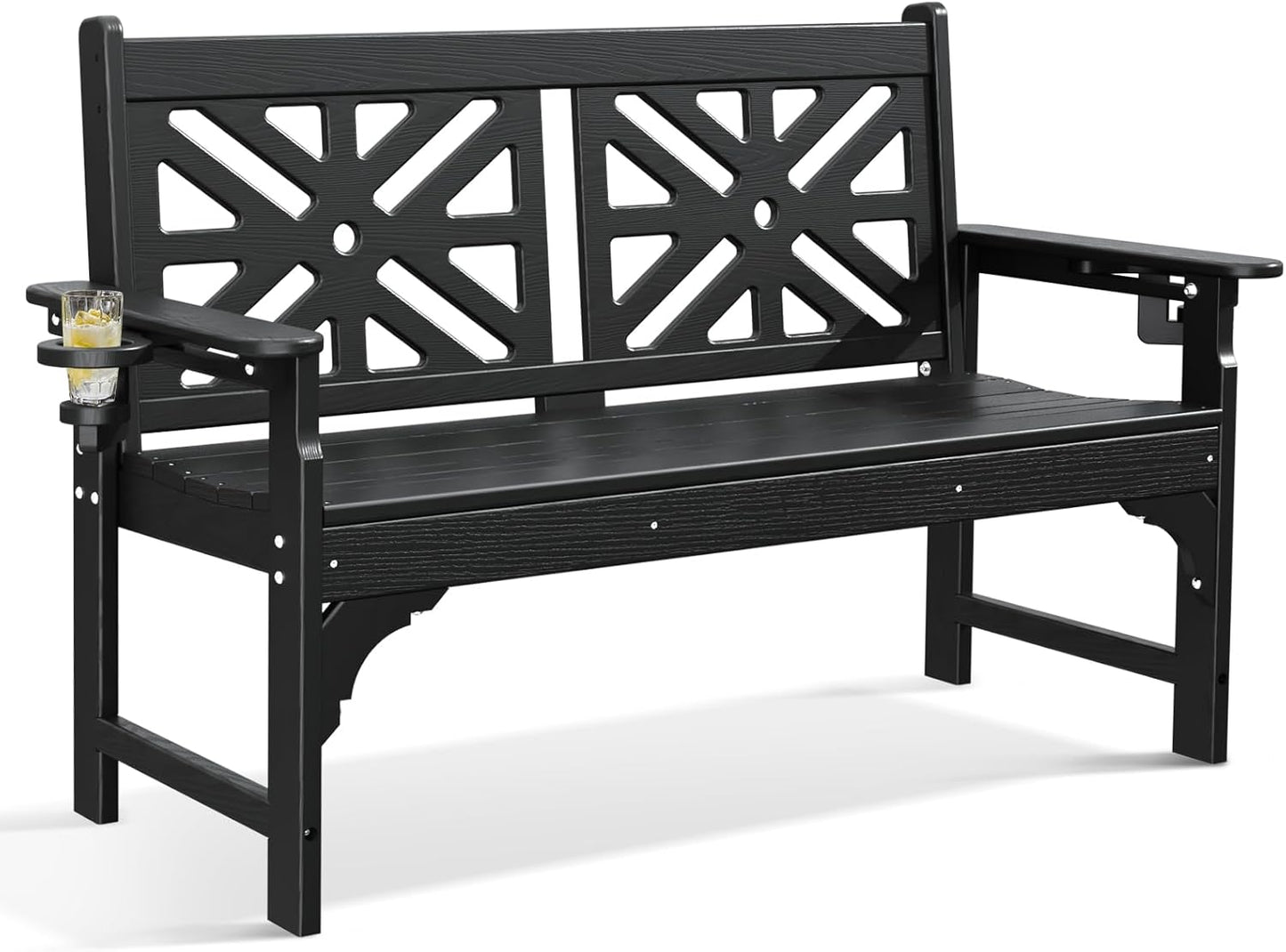 nalone Outdoor Bench with Cup Holders, HDPE All Weather Porch Bench Load up to 800 Lbs, 2-Person Garden Benches Rot-Proof Fade Proof for Patio, Porch, and Park (Black)