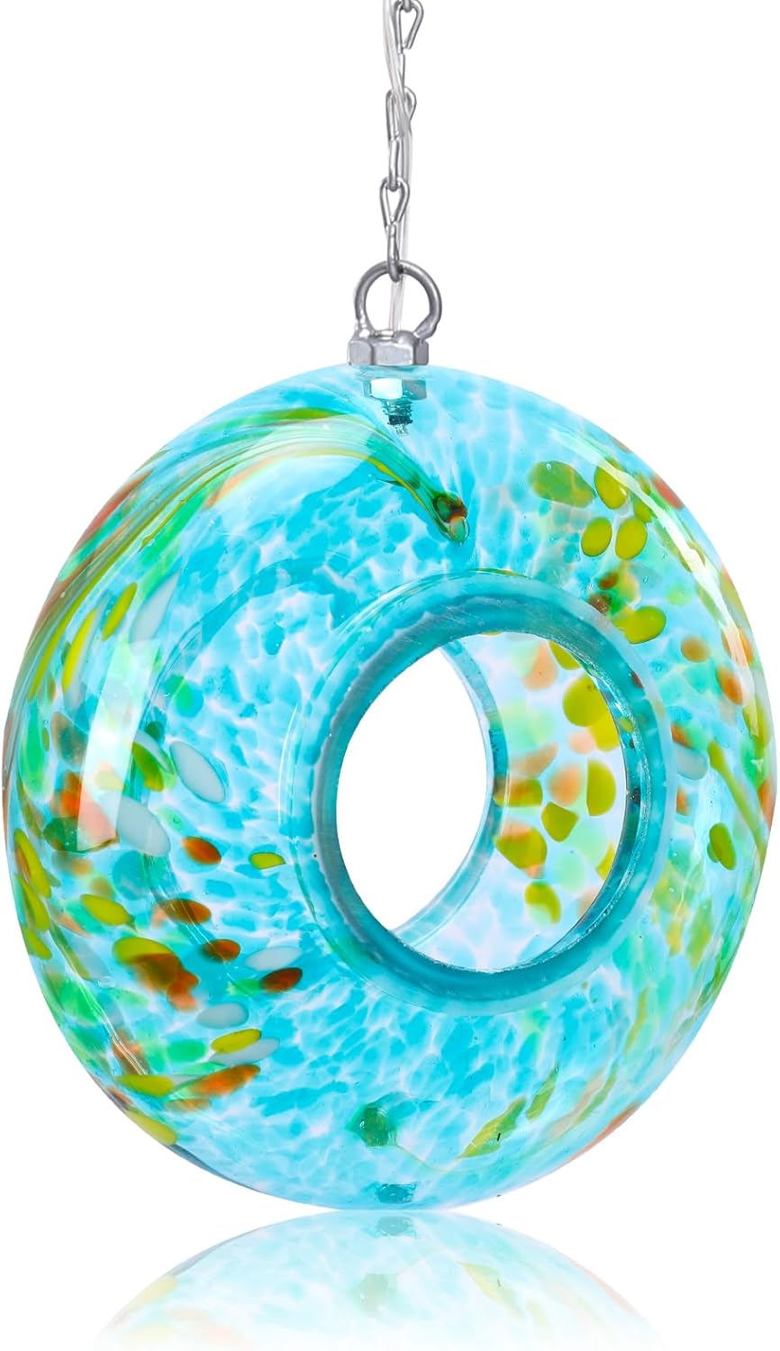 Yinns Bird Feeder - Fly Through Bird Feeders for Outside Hanging with Round Shape Glass Container, Solar Birdsfeeder for Yard Garden Decor, 8-Inch