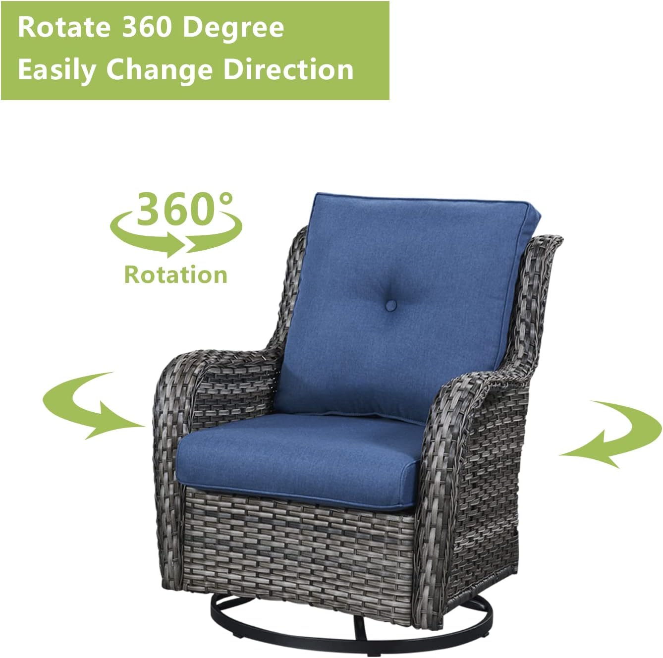 Outdoor Patio Swivel Rocker Chairs - Wicker Rattan Patio Swivel Rocking Chairs Set of 2 with High Back,Deep Seating and Comfort Cushions for Deck Porch Garden,Mixed Grey/Blue