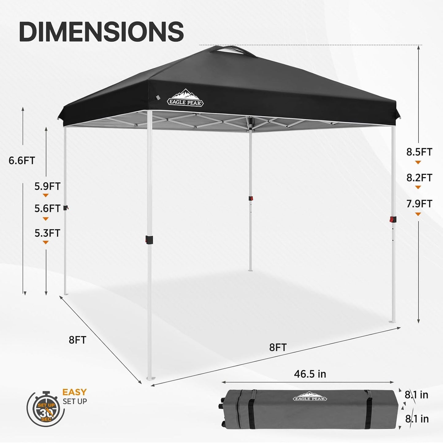 EAGLE PEAK Pop Up Canopy Tent with Wheeled Carry Bag, 8 Stakes, 4 Ropes, Easy Set Up Tent Canopy, 8x8 ft, Black