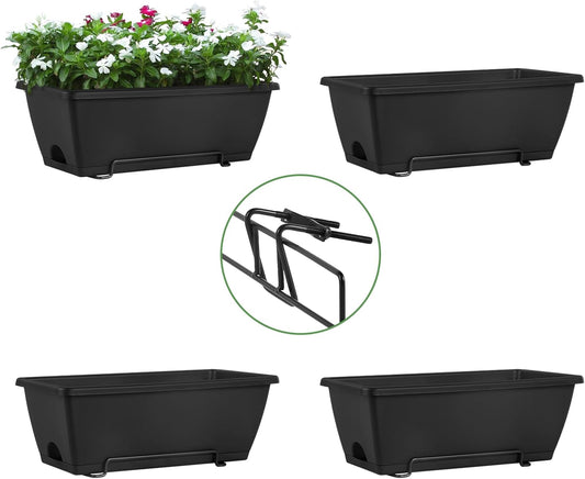 HAITRAL Hanging Planters for Outdoor Plants,Deck Railing Planter Boxes Countryside Style Window Boxes Planters, Balcony Flower Pots Plastic Railing Planter with Metal Brackets for Fence,Black 4 Pcs