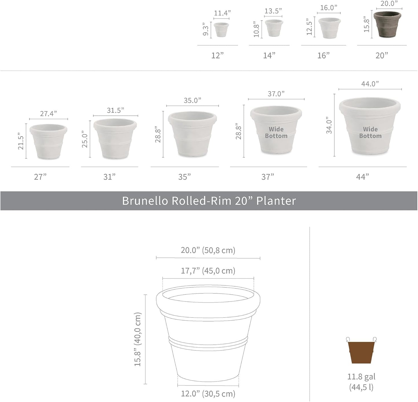 Crescent Garden Brunello Planter, Classic Rolled-Rim Plant Pot, Indoor/Outdoor Weather-Safe Pot, Plastic, 20-Inch (Terracotta-Color)