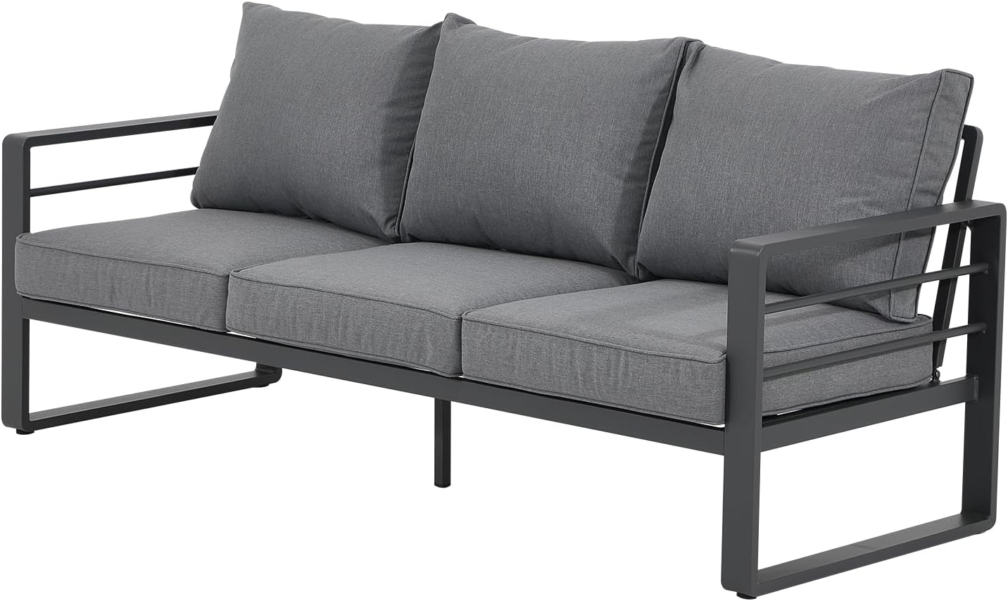Patiorama Aluminum Patio Furniture Set, Outdoor Patio 3-Seater Sofa, 3 Seats Couch, All Weather Dark Grey Metal Chair with Olefin Cushion, Deep Seating, 800 lbs Capacity, Deck, Garden-Grey Cushion