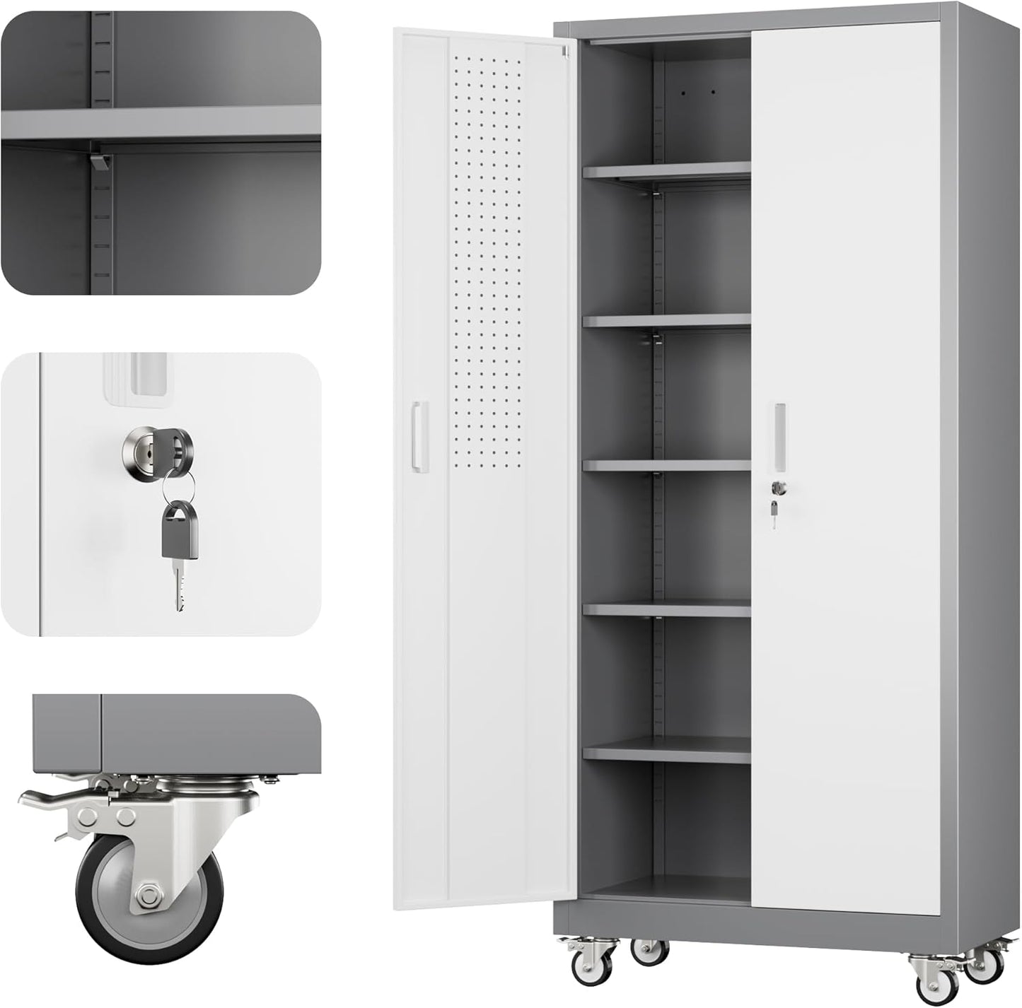 Metal Garage Storage Cabinet with Wheels & Pegboard, Lockable Metal Storage Cabinets with 2 Doors&5 Adjustable Shelves for Garage&Home,Assembly Required,Gray White 71''H x32''W x16''D