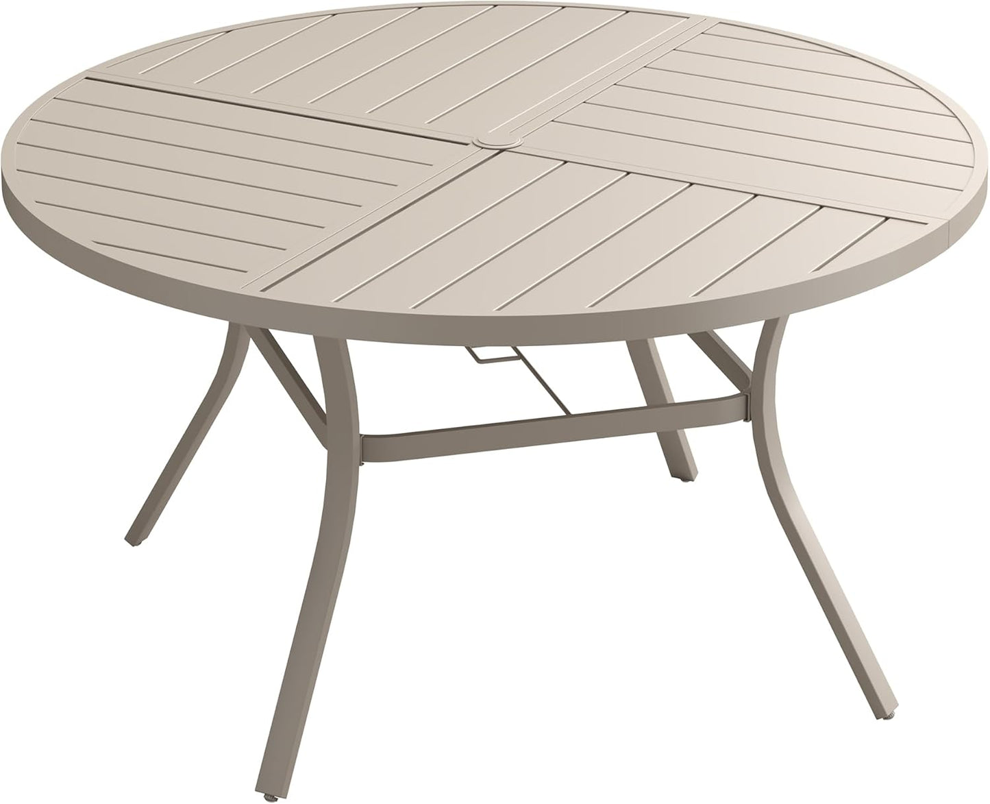 DIFY 59.8" Round Outdoor Patio Dining Table for 8-10, All-Weather Metal Steel Slatted Patio Table with 1.57" Adjustable Umbrella Hole, for Lawn Garden Porch Backyard, Sandshell